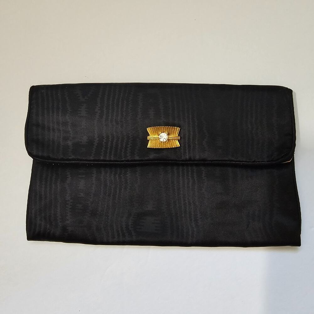 Black Fabric Evening Bag Clutch Goldtone & Rhinestone Clasp MCM Mid-Century Vtg